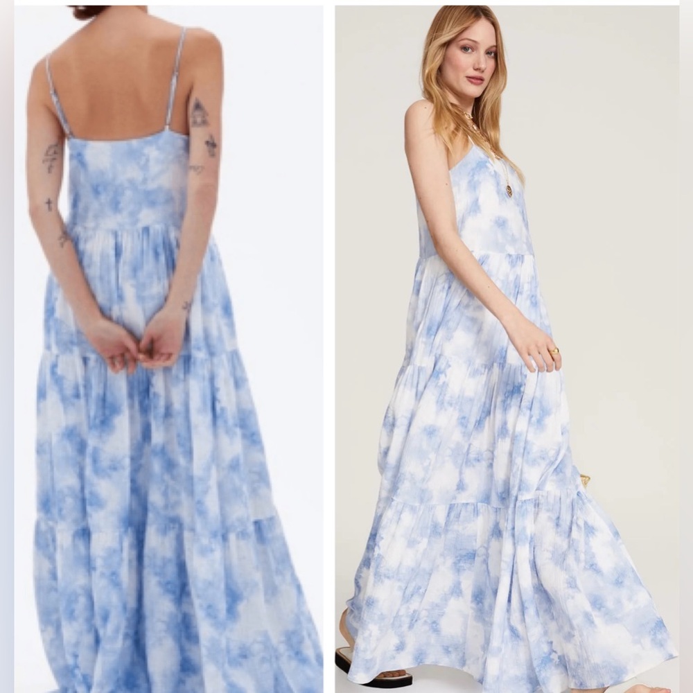 JONATHAN SIMKHAI Organic Cotton Blue & White Tiered Maxi Dress Flowy Sundress - Picture 3 of 14
